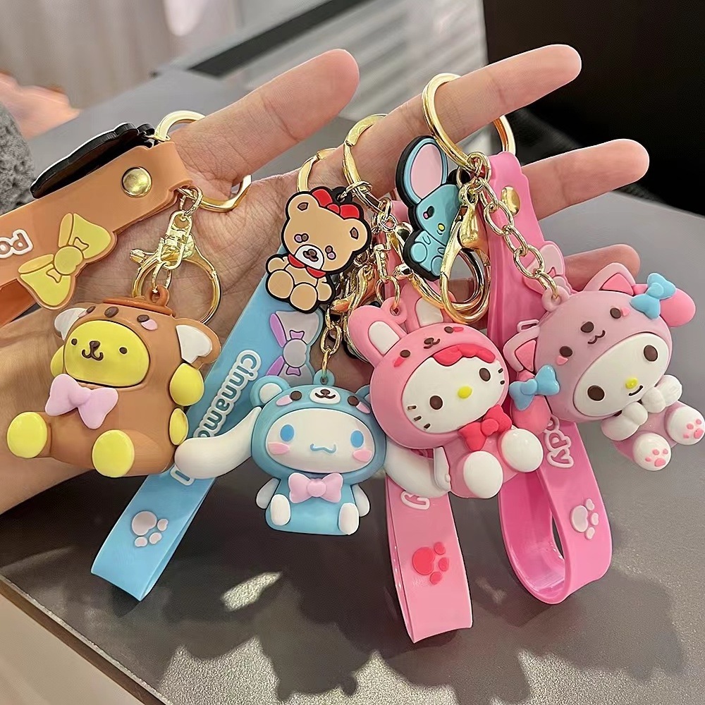 New 3D PVC Kuromi Melody Sanrio Keychain Kawaii Cartoon Frog Pudding Dog Penguin Women Bag Pendant Key Chain sanrio wholesale