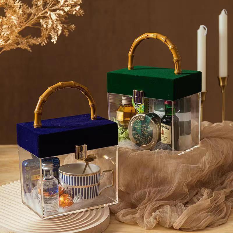 Wedding Gift Box Clear Acrylic Decorative Storage Boxes Bamboo handle transparent acrylic gift bag Cosmetics vinyl hand box