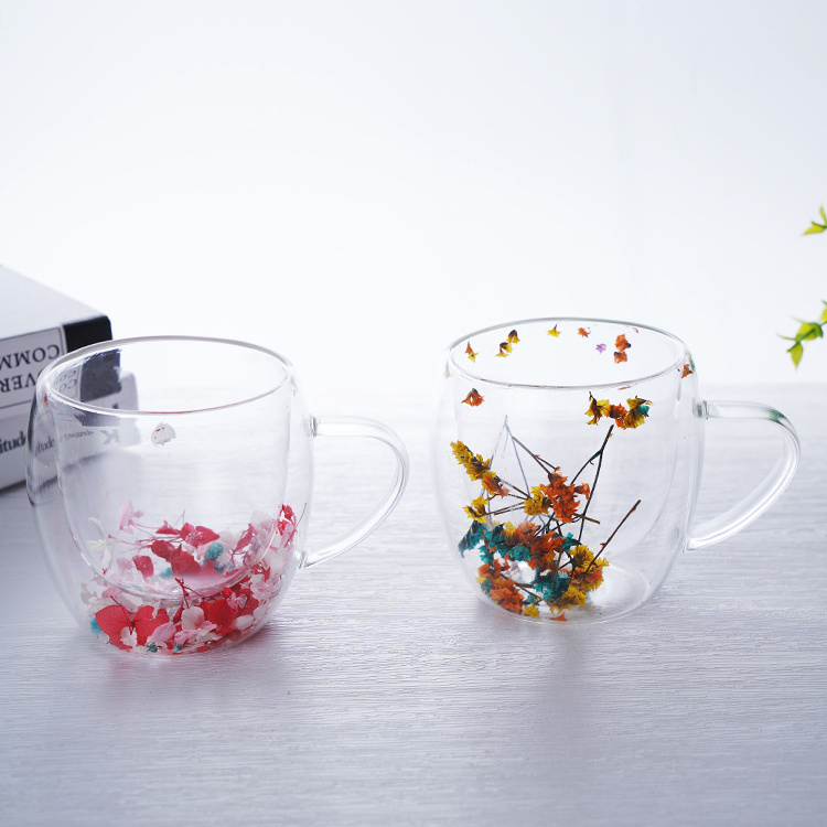 New arrival dry flower double wall glass coffee cup for christmas valentine's day