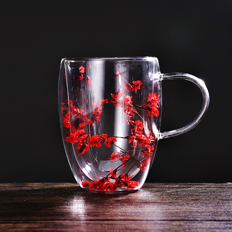 New arrival dry flower double wall glass coffee cup for christmas valentine's day