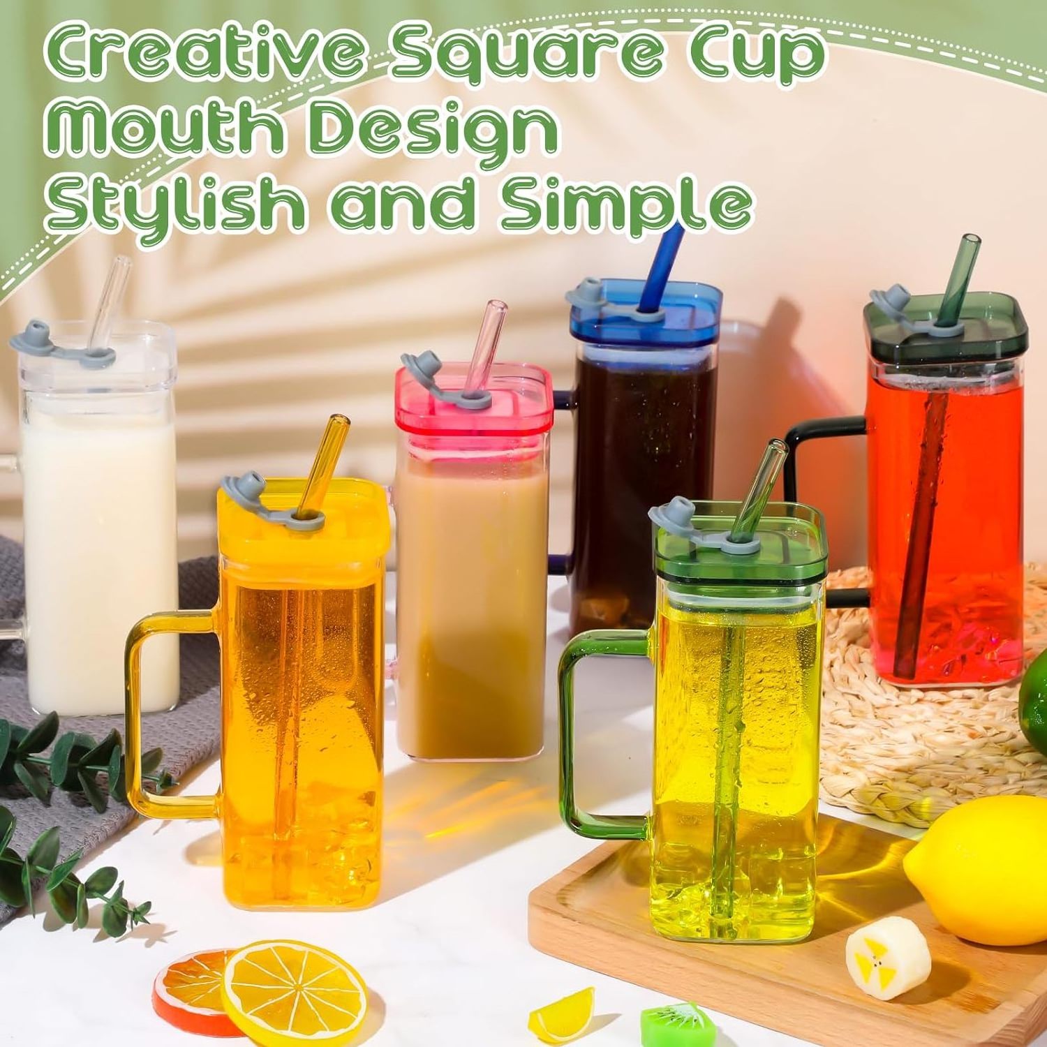 Factory sales high borosilicate square glass water cup with plastic lid and straw