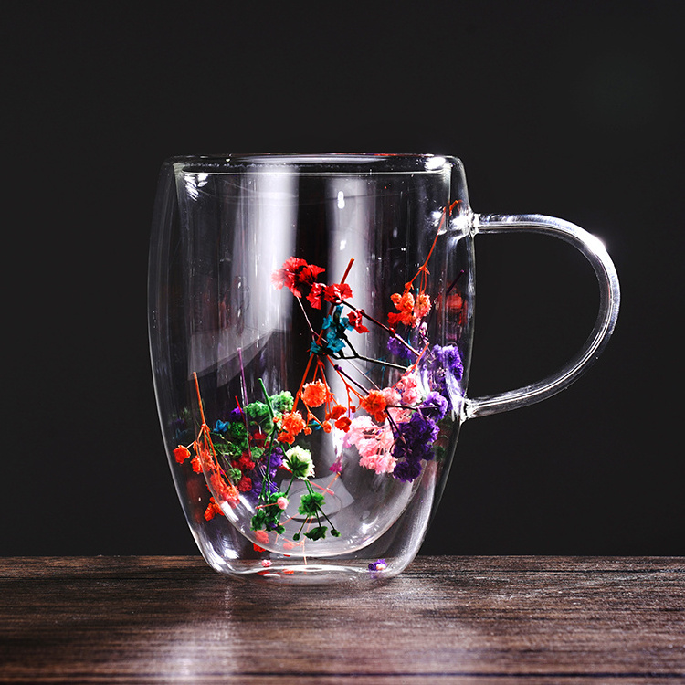 New arrival dry flower double wall glass coffee cup for christmas valentine's day