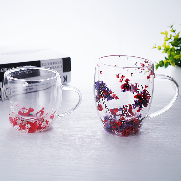 New arrival dry flower double wall glass coffee cup for christmas valentine's day