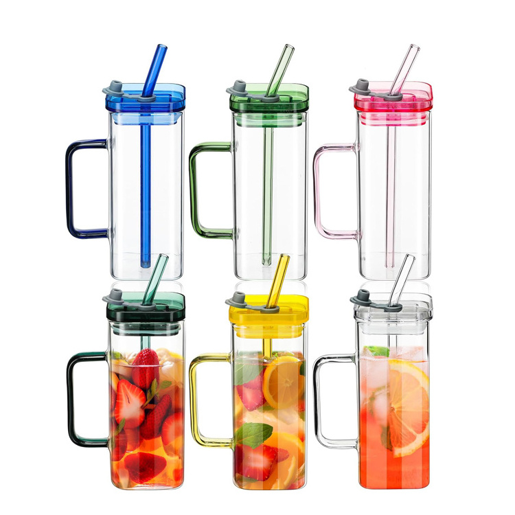 Factory sales high borosilicate square glass water cup with plastic lid and straw