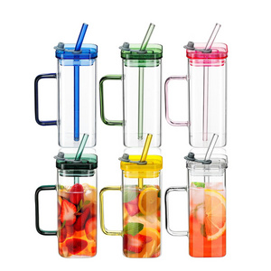 Factory sales high borosilicate square glass water cup with plastic lid and straw