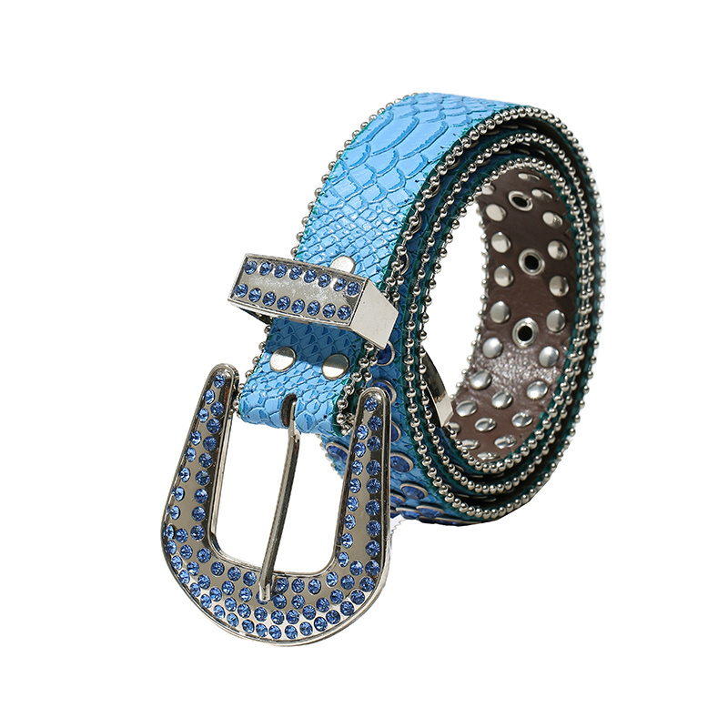 New BB Simon Belts In Blue Rhinestone Belt For Woman Custom Wersern Diamond PU Leather Belts Yiwu Factory