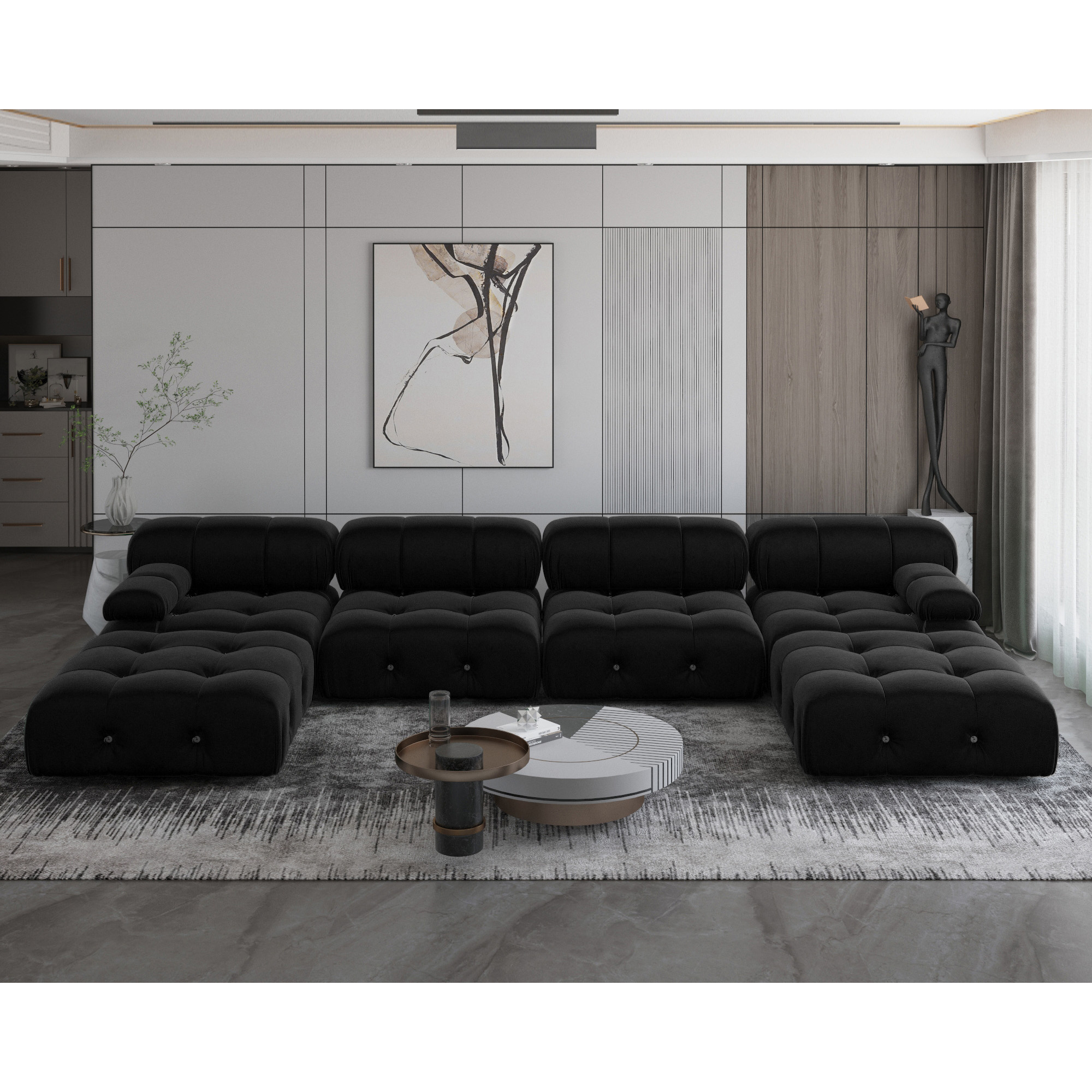 Velvet Korean modular sofa set Hotel living room Modern U-shaped black sofa