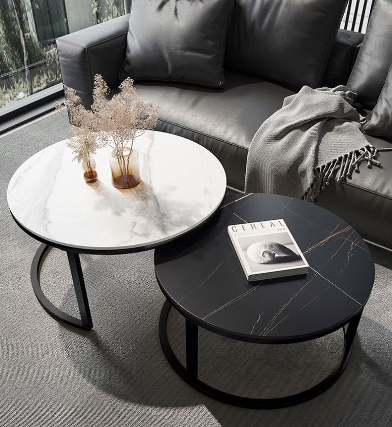 Easy Assemble Bent Round End Table Black Gold Metal Glass Marble Stone mdf Wood Side Nest Set of 2 Nesting Coffee Table