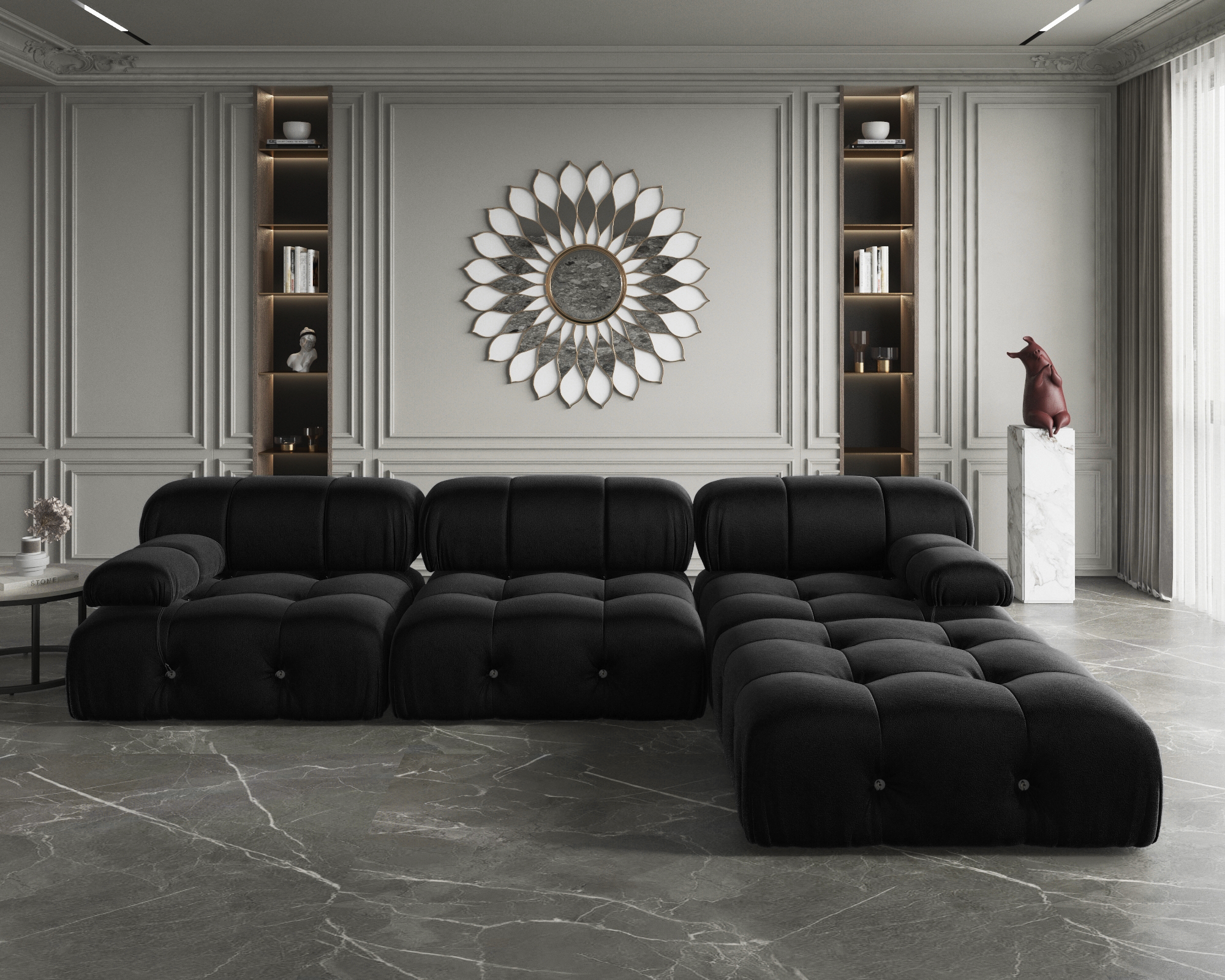 Velvet Korean modular sofa set Hotel living room Modern U-shaped black sofa