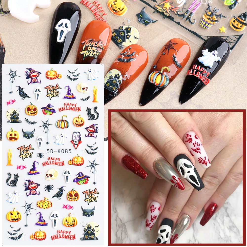 New Stereo Relief Self-Adhesive Nail Decals Hollow Lace Black Pumpkin Bat Skull Halloween 5D Nail Stickers