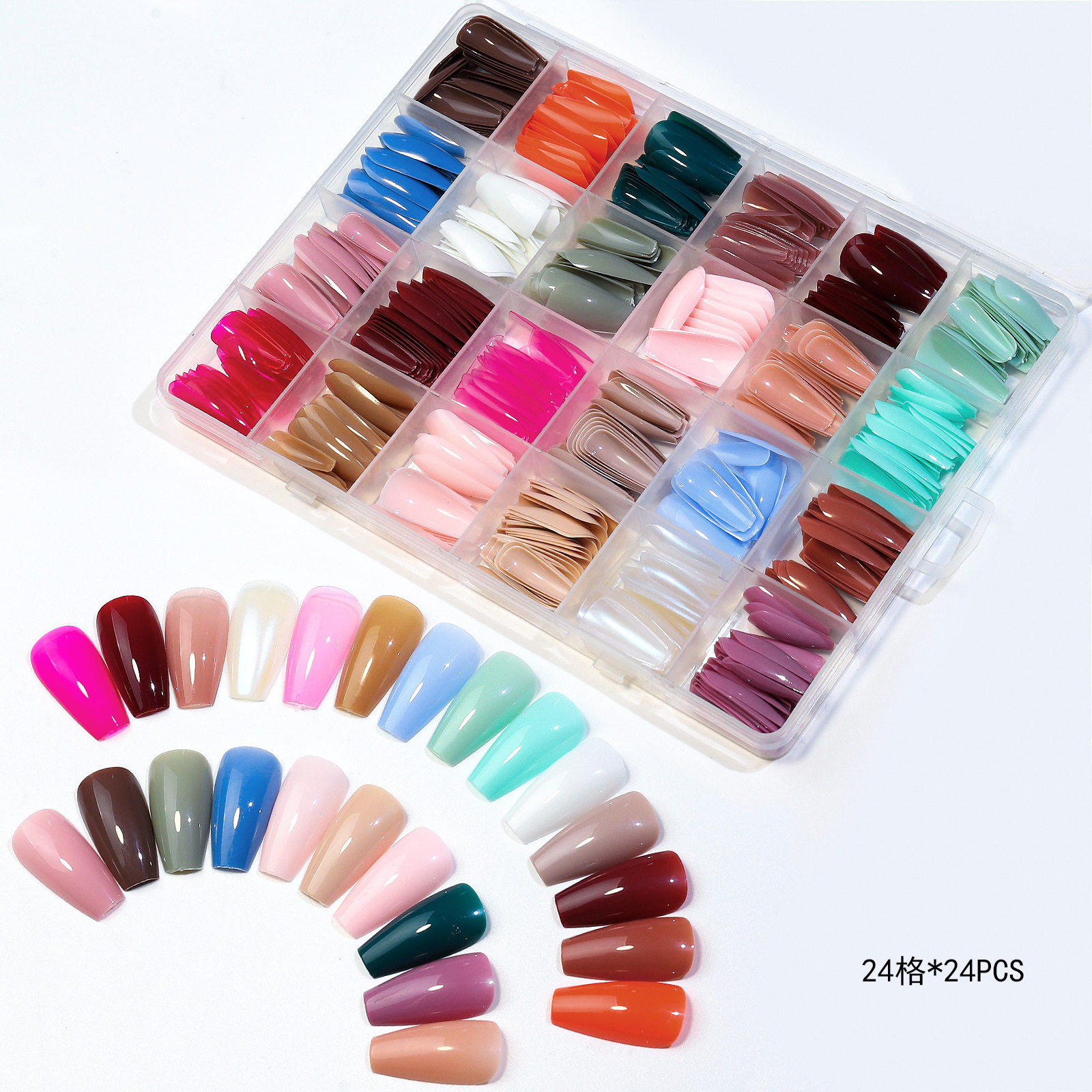 576PCS 24 Solid Color Short Stiletto Glue on Nails Full Cover Acrylic Medium Press On Nails Almond