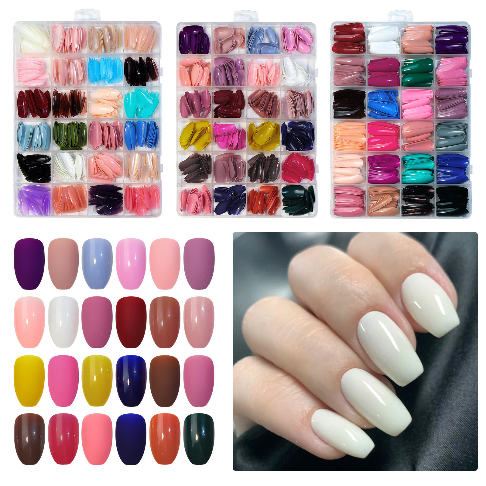 576PCS 24 Solid Color Short Stiletto Glue on Nails Full Cover Acrylic Medium Press On Nails Almond