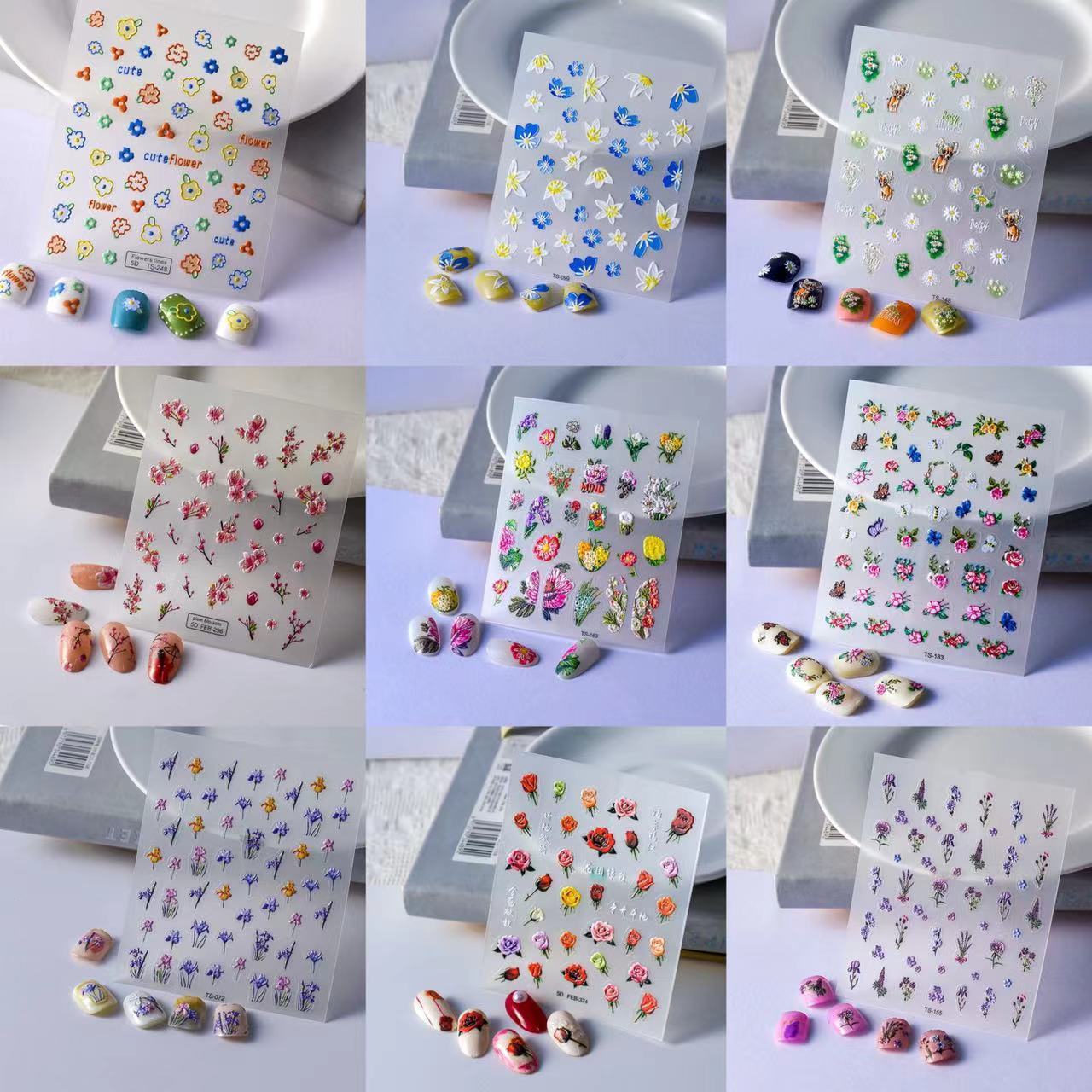 New Spring Summer Sweet Engraved Daisy Sunflower Rose Nail Decals Embossed 5D Nail Stickers Flower For Acrylic Nails