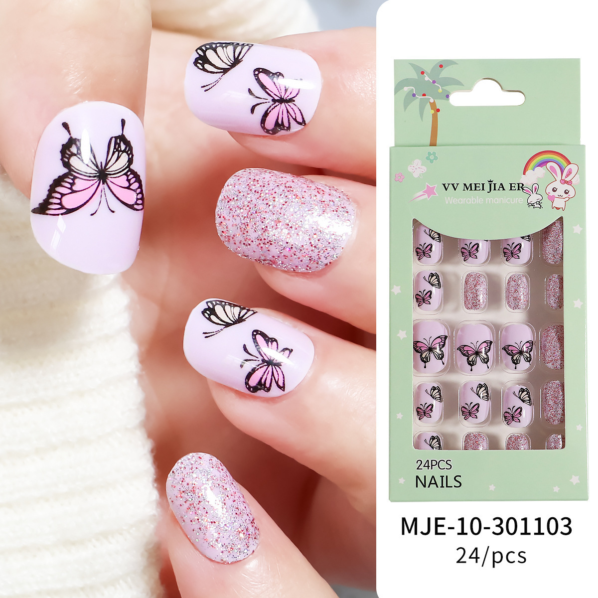 Wholesale 24Pcs False Nails Full Cover Removable Adhesive Nail Sticker kids Press On Nails For Girls