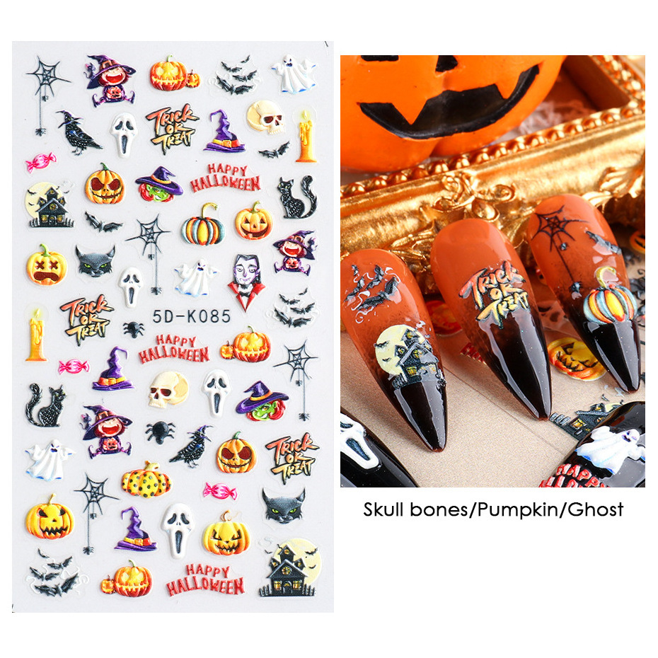 New Stereo Relief Self-Adhesive Nail Decals Hollow Lace Black Pumpkin Bat Skull Halloween 5D Nail Stickers