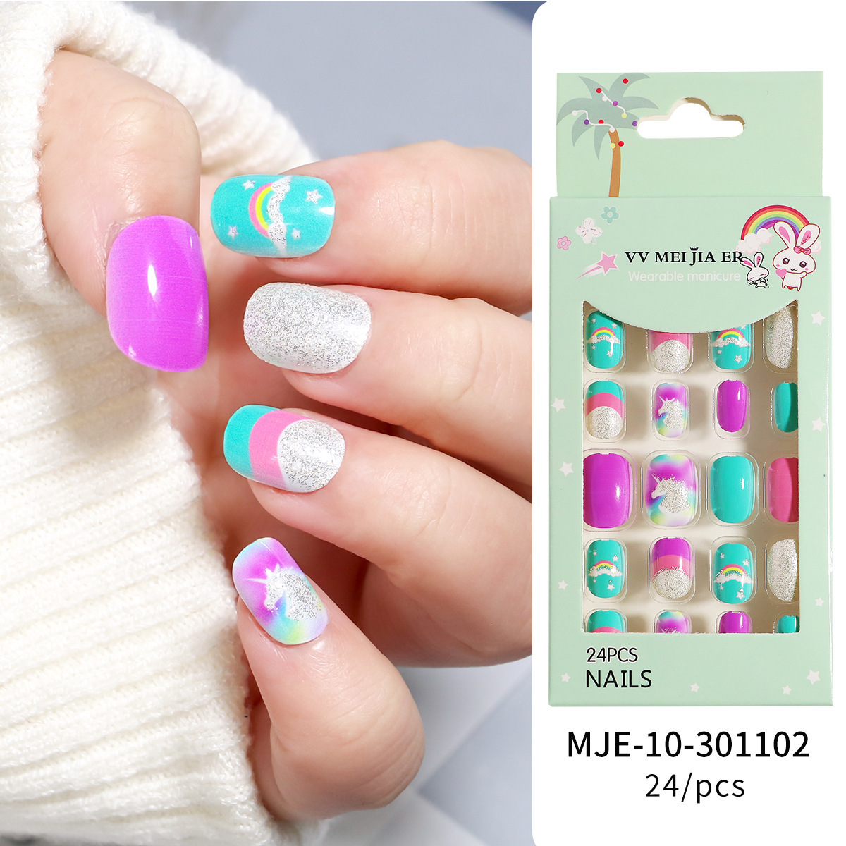 Wholesale 24Pcs False Nails Full Cover Removable Adhesive Nail Sticker kids Press On Nails For Girls