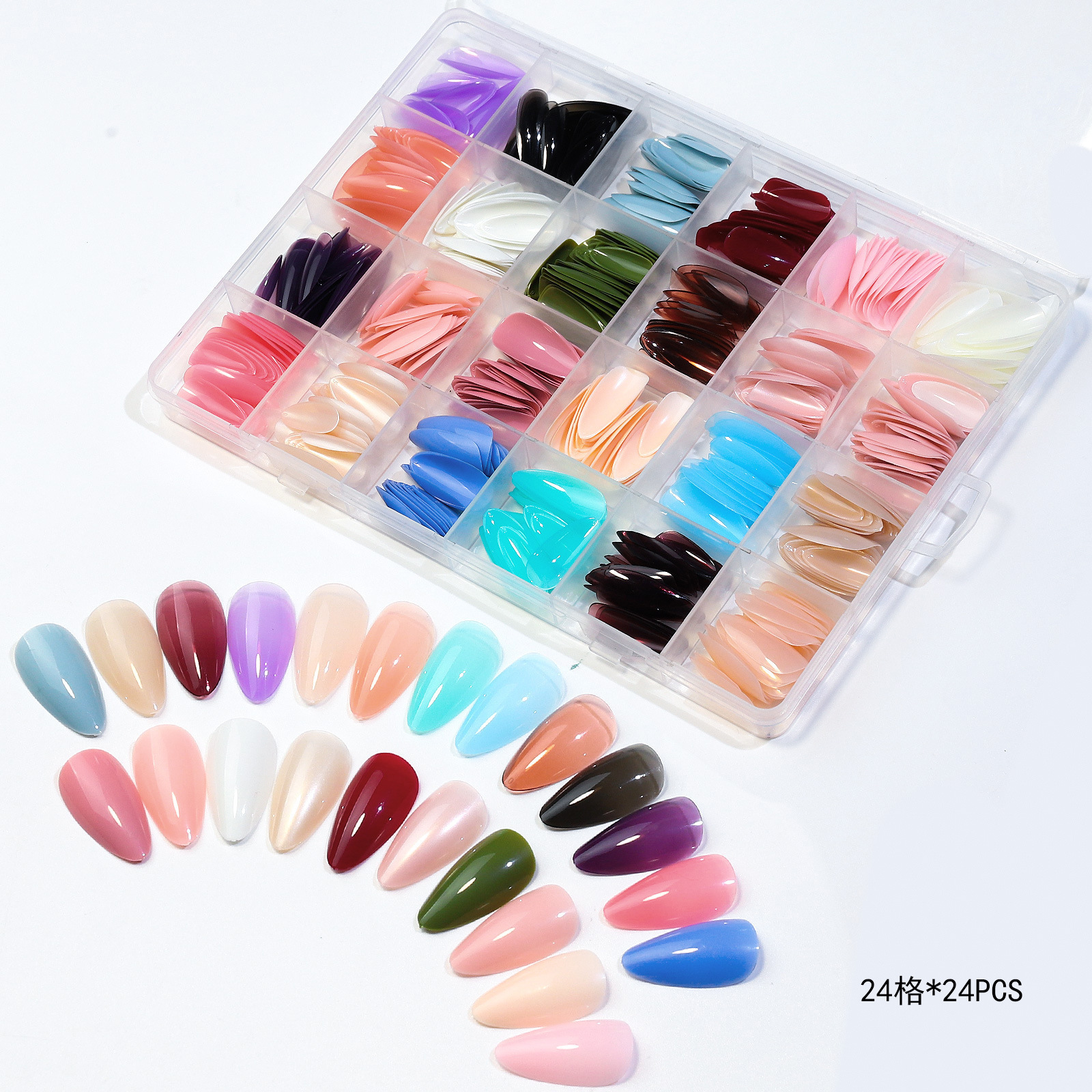 576PCS 24 Solid Color Short Stiletto Glue on Nails Full Cover Acrylic Medium Press On Nails Almond