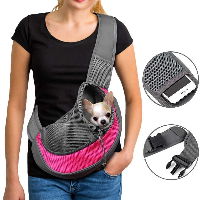 Adjustable Strap Phone Holder Cross Body Bag Pet Dog Sling Carrier Breathable Mesh Travel Safe Sling Bag Carrier for Dogs Cats