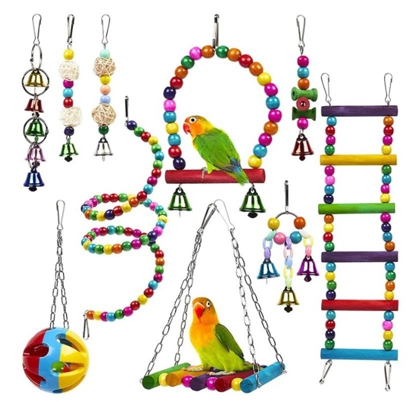 Hot Selling Parrot Toys 10-Piece Set Of Bird Cage Accessories Swing Ladder Rattan Ball String Bell String Pet Toys