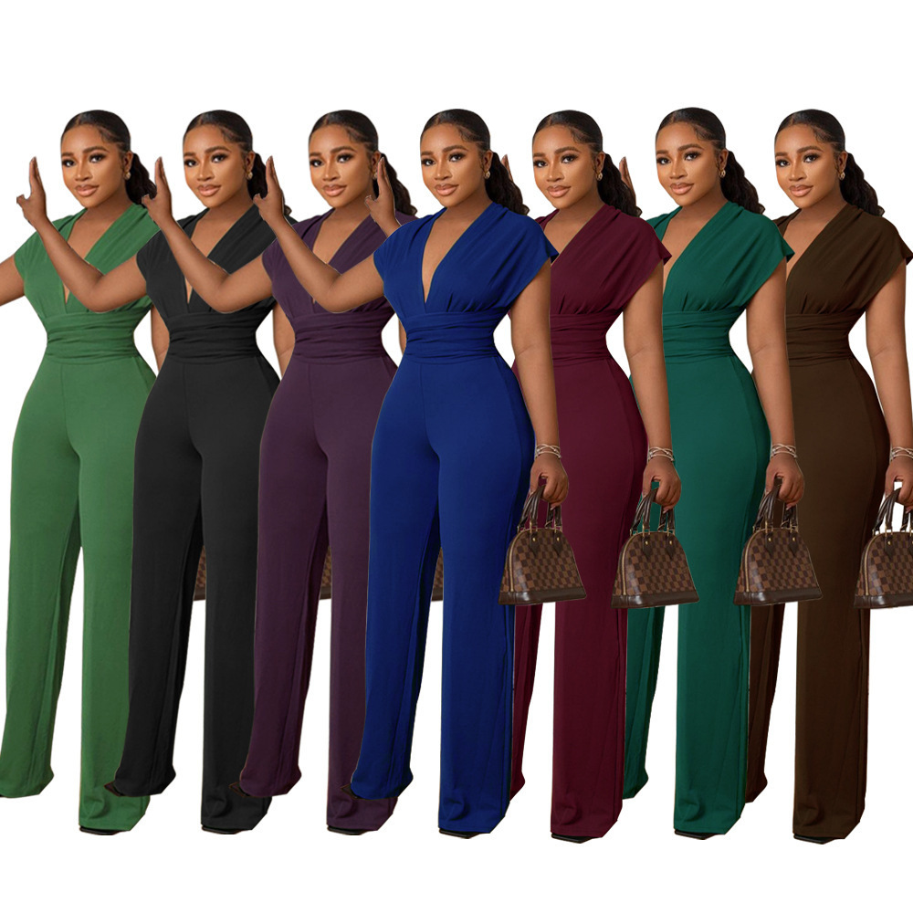 9585 New Arrival Low Cut Solid Color Waist V-neck Women's Jumpsuits Elegant Ladies Jumpsuit Bodycon One Piece Jumpsuit