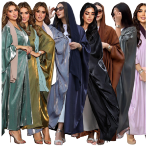 MQ049 Trendy Middle Eastern Muslim Abaya Women Muslim Dress Bright Silk Satin Solid Bat Sleeves Dubai Robe Kaftan Dresses