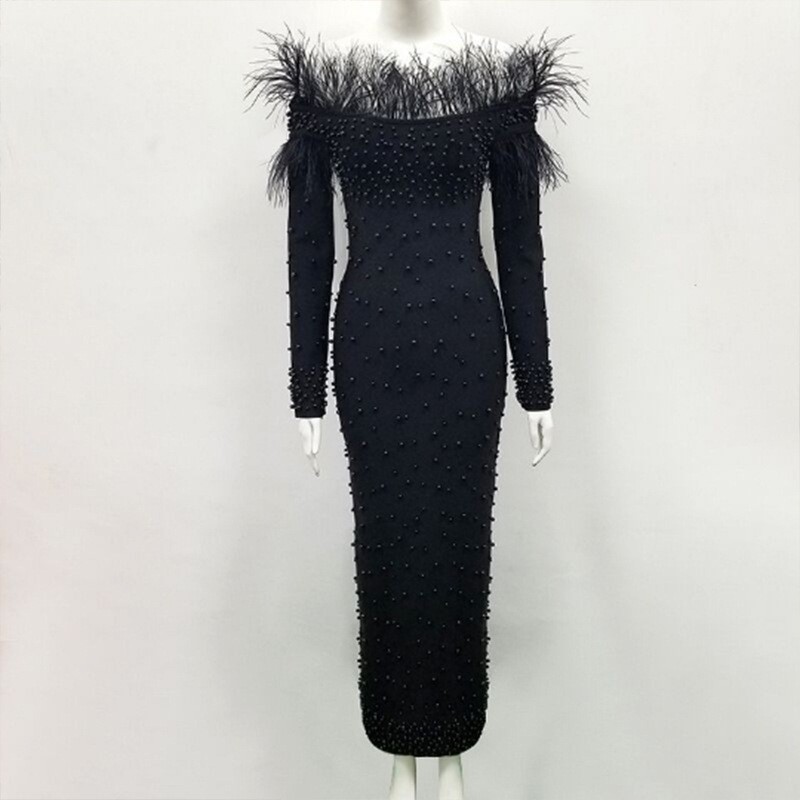 YQY89096 Latest Arrival Off Shoulder Feather SlimTight Nail Bead White Party Dress Long Sleeve Dresses Evening Dresses