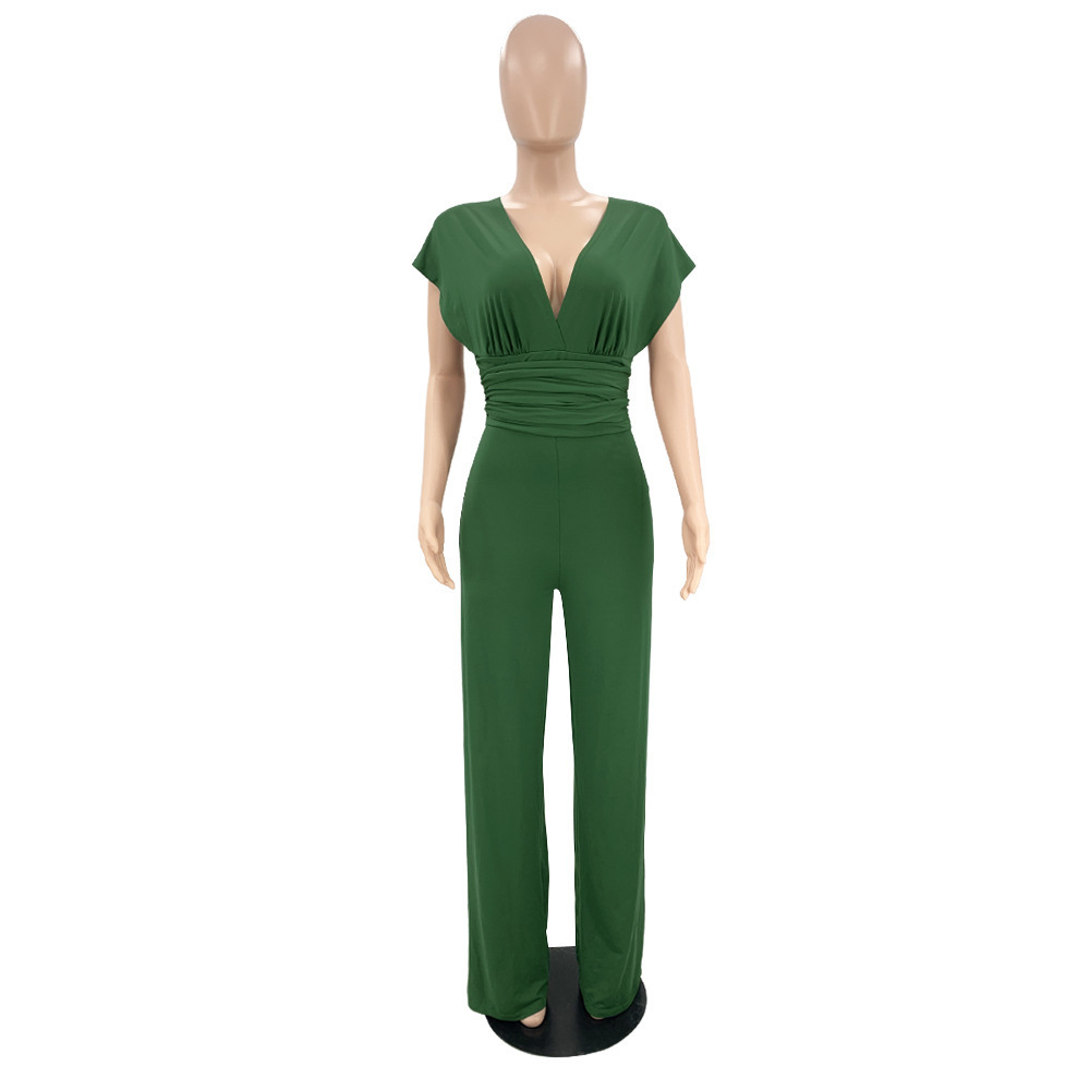 9585 New Arrival Low Cut Solid Color Waist V-neck Women's Jumpsuits Elegant Ladies Jumpsuit Bodycon One Piece Jumpsuit