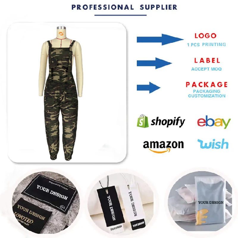 HR23041 Latest Hot Selling Fashion Camouflage Jumpsuits Women Wide Leg Overalls Loose Jumpsuit With Straps