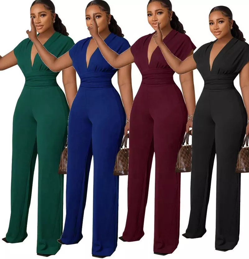 9585 New Arrival Low Cut Solid Color Waist V-neck Women's Jumpsuits Elegant Ladies Jumpsuit Bodycon One Piece Jumpsuit