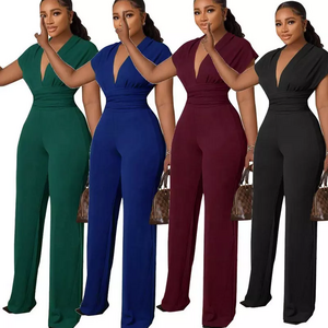 9585 New Arrival Low Cut Solid Color Waist V-neck Women's Jumpsuits Elegant Ladies Jumpsuit Bodycon One Piece Jumpsuit