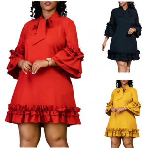 D3248 Latest Design Women Loose Dress Lace up Ruffle Flare Sleeves A-line Dresses Women Casual Girls dresses