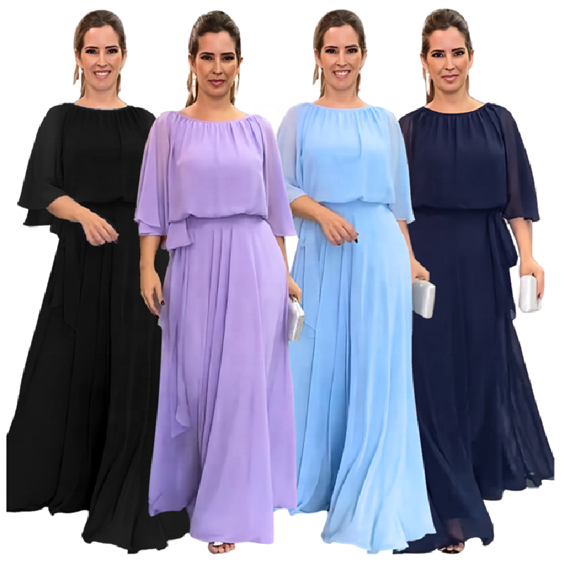 YQY9941 Latest Design Summer Dress Waistband Solid Color Short Sleeve Maxi Long Dresses Women Lady Elegant Chiffon Dress