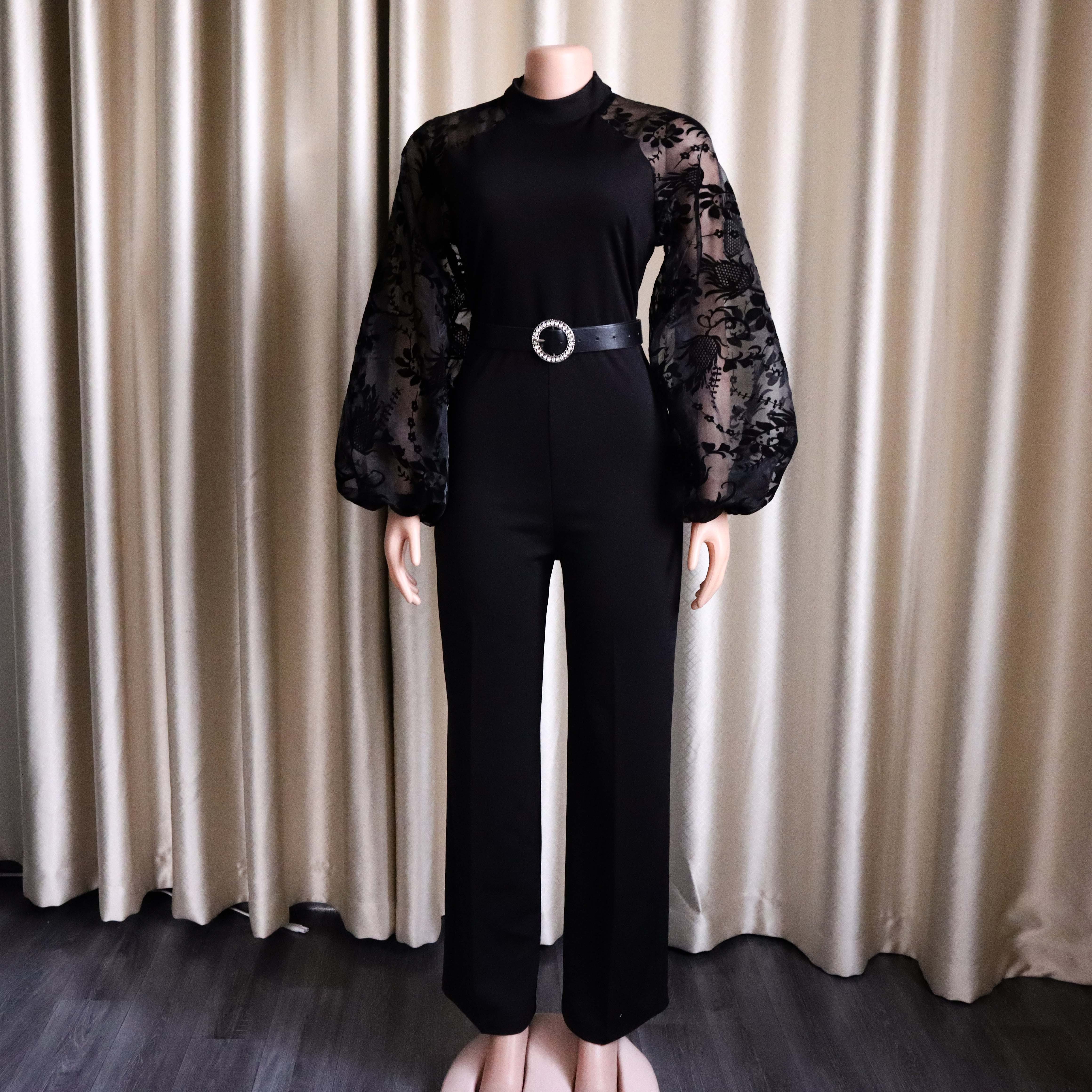 D250 Latest Design Stand Collar Mesh Lantern Sleeve Slim Fit Wide Leg Jumpsuits Elegant Women Jumpsuit 2022 with Free Belt