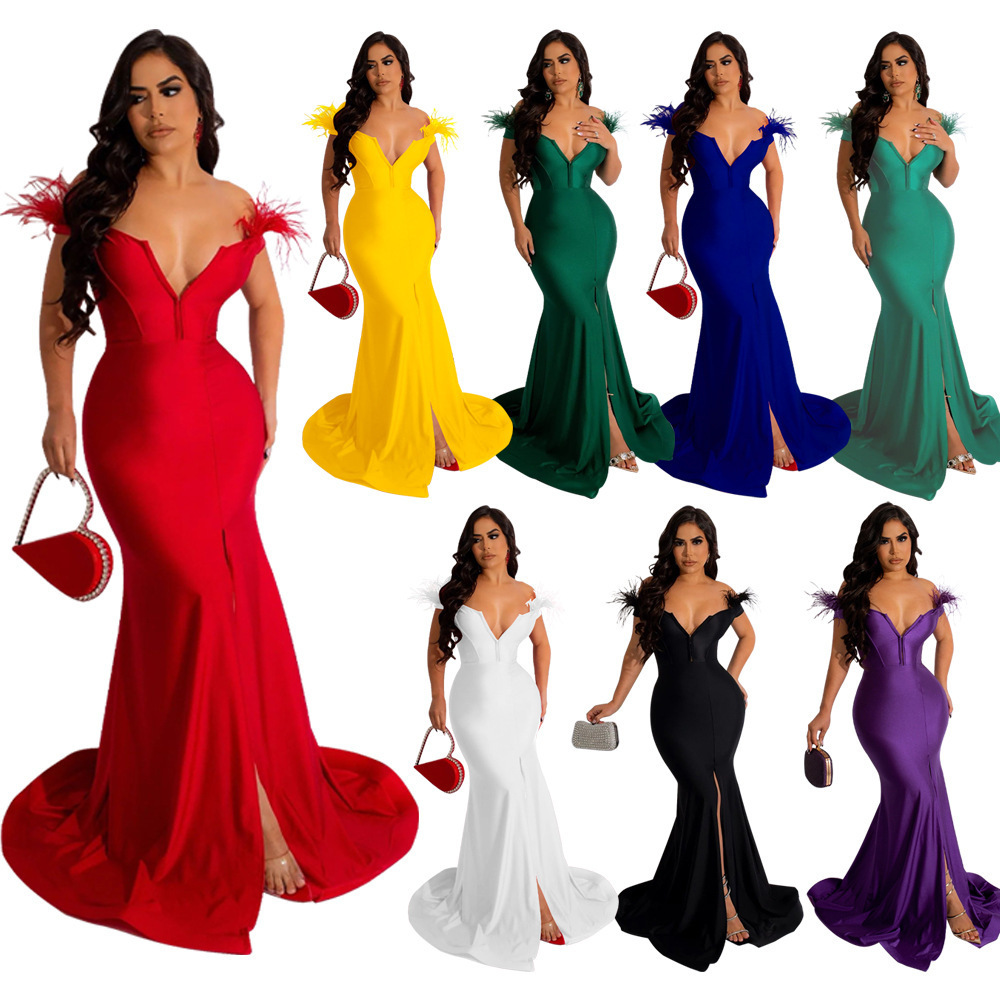 K10339 Latest Design Fashion Feather Decor Gowns For Women Evening Dresses V-Neck Sleeveless Mermaid Wedding Dress Prom Dresses