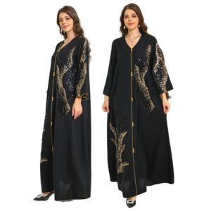 AB309 Latest Design Middle East Arab Dubai Muslim Women Dresses Long Sleeve Patchwork Beaded Embroidered Loose Dress Black Abaya