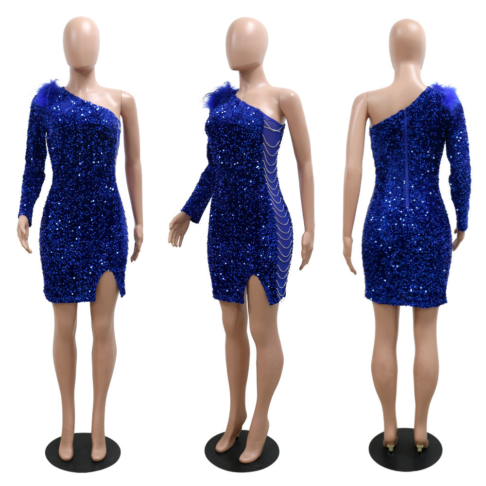 YQY9479 New Stylish  Single Sleeve Elegant Dresses Sexy Club Wear For Women Sequin Club Dress