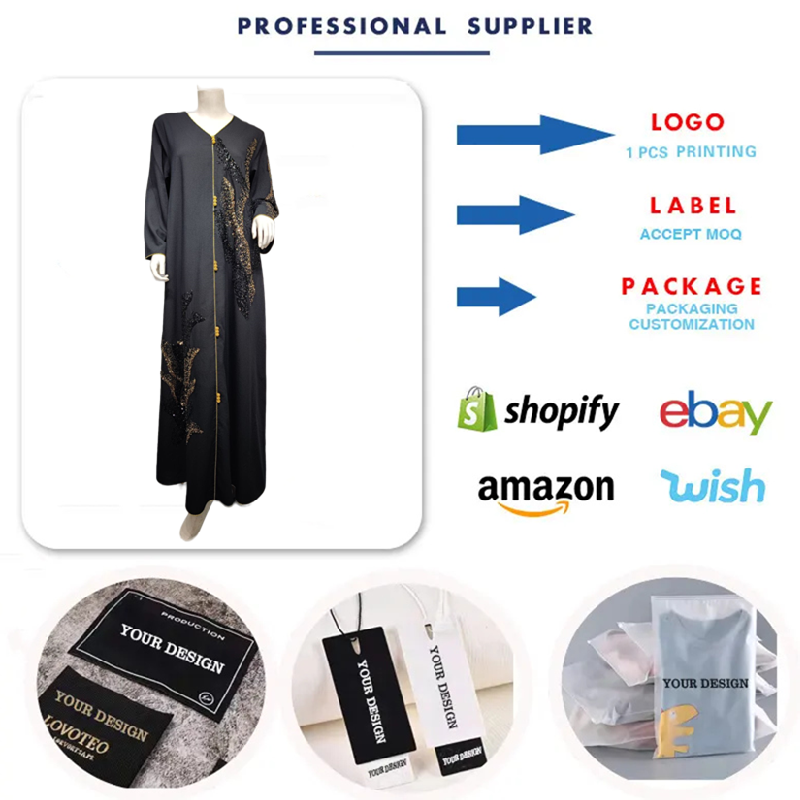 AB309 Latest Design Middle East Arab Dubai Muslim Women Dresses Long Sleeve Patchwork Beaded Embroidered Loose Dress Black Abaya