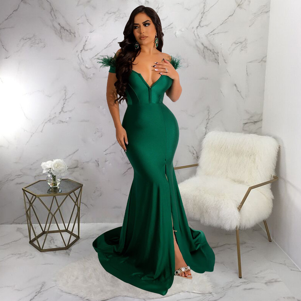 K10339 Latest Design Fashion Feather Decor Gowns For Women Evening Dresses V-Neck Sleeveless Mermaid Wedding Dress Prom Dresses