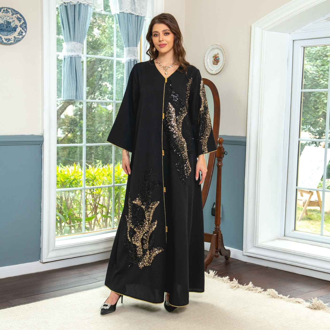 AB309 Latest Design Middle East Arab Dubai Muslim Women Dresses Long Sleeve Patchwork Beaded Embroidered Loose Dress Black Abaya