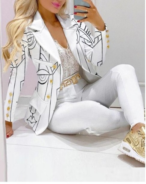 C8035 Latest Design Long Sleeve Ladies Formal Suits Womens Blazer And Pants Set Printing Womens Suits & Tuxedo