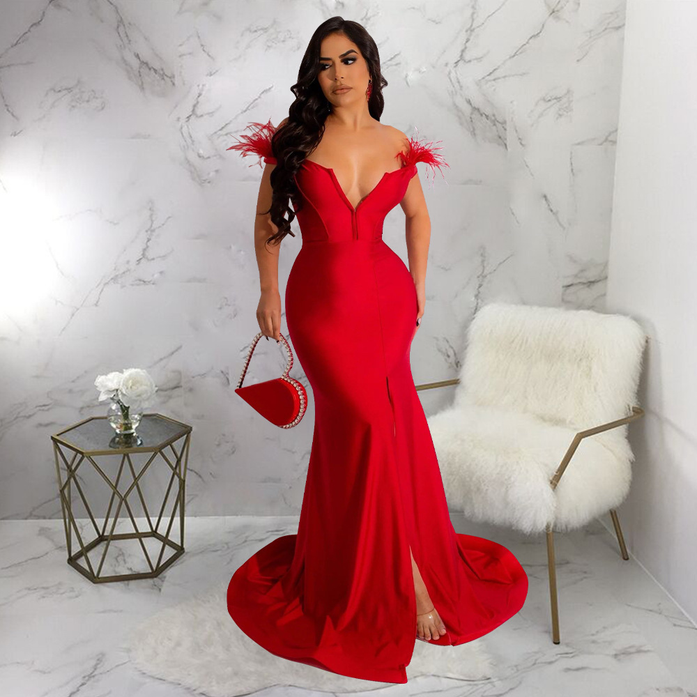 K10339 Latest Design Fashion Feather Decor Gowns For Women Evening Dresses V-Neck Sleeveless Mermaid Wedding Dress Prom Dresses