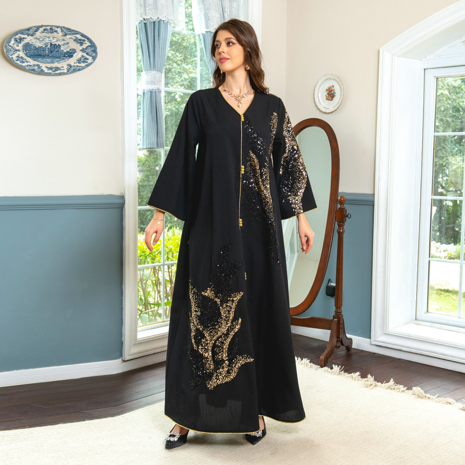 AB309 Latest Design Middle East Arab Dubai Muslim Women Dresses Long Sleeve Patchwork Beaded Embroidered Loose Dress Black Abaya