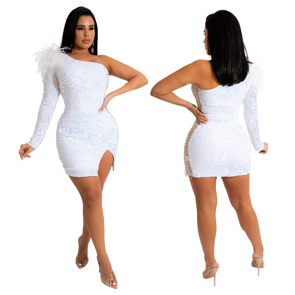 YQY9479 New Stylish  Single Sleeve Elegant Dresses Sexy Club Wear For Women Sequin Club Dress