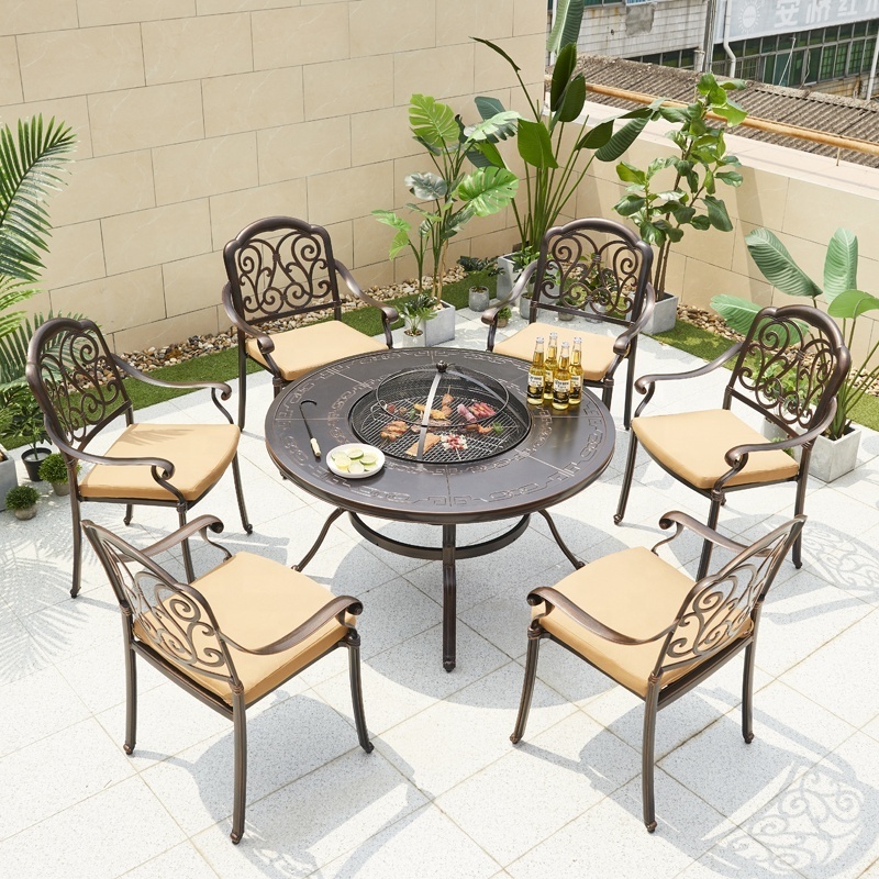 Outdoor Patio Furniture Cast Aluminum Firepit Barbeque Table And Chairs