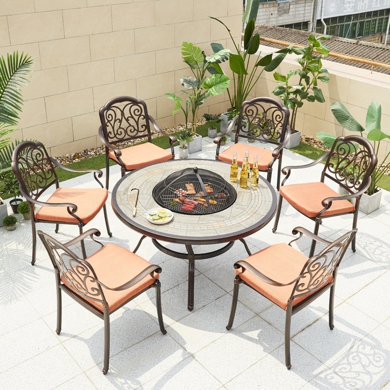 Outdoor Patio Furniture Cast Aluminum Firepit Barbeque Table And Chairs