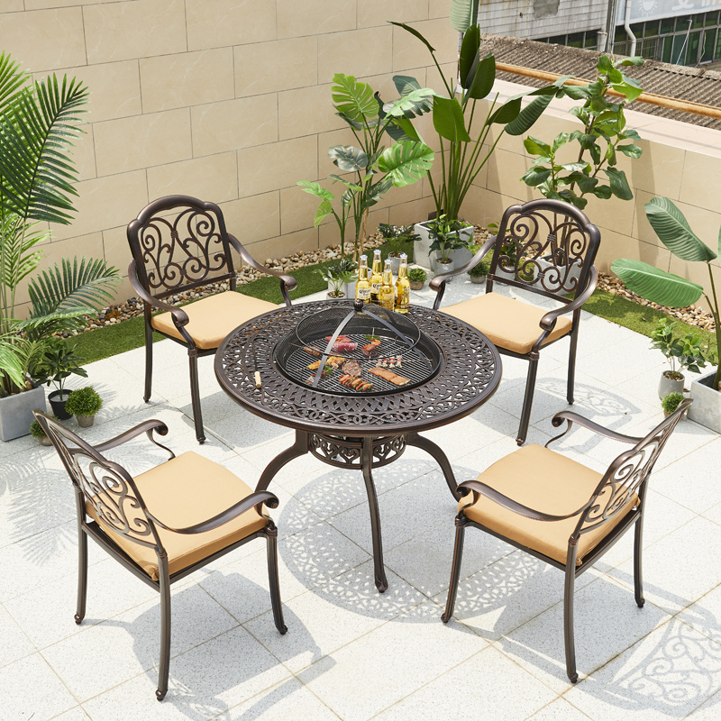 Outdoor Patio Furniture Cast Aluminum Firepit Barbeque Table And Chairs