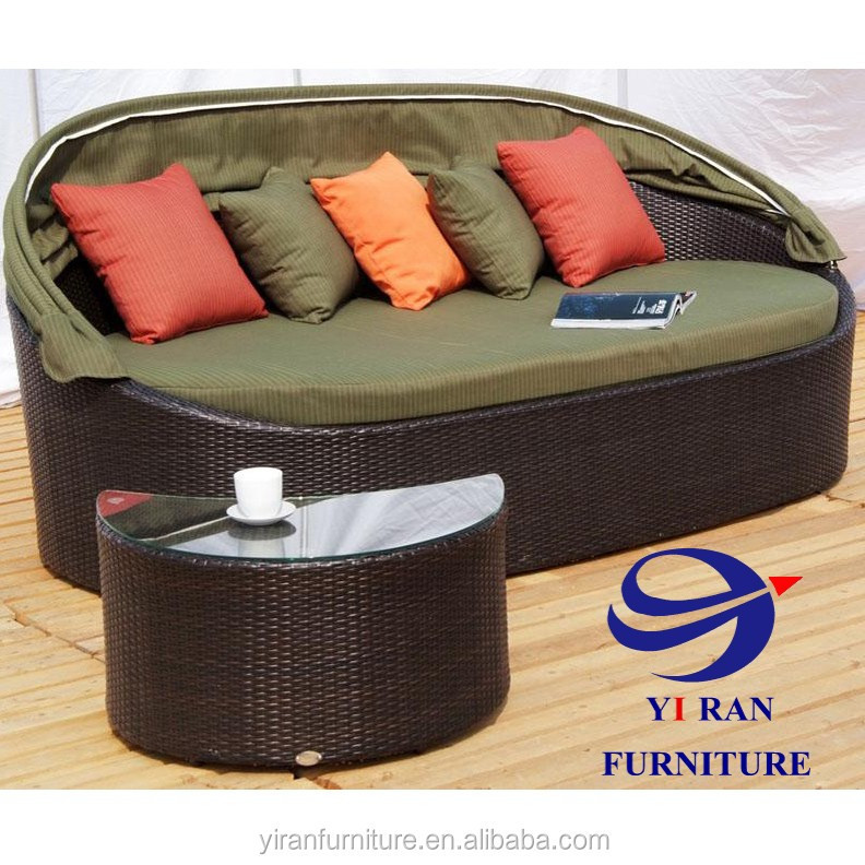 Outdoor Sunbed 2-in-1 Round Poly Rattan Wicker Black Daybed Sofa Garden