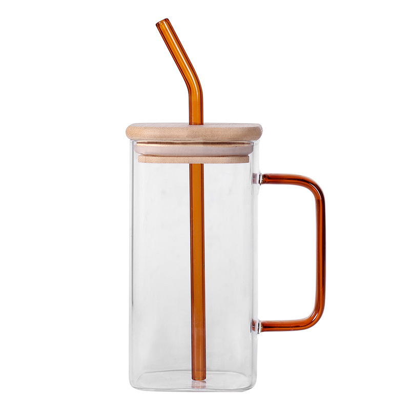 Hot sale 510ml 17oz  square shape glass drinking beer juice milk can cup with colored handle bamboo lid and glass straw