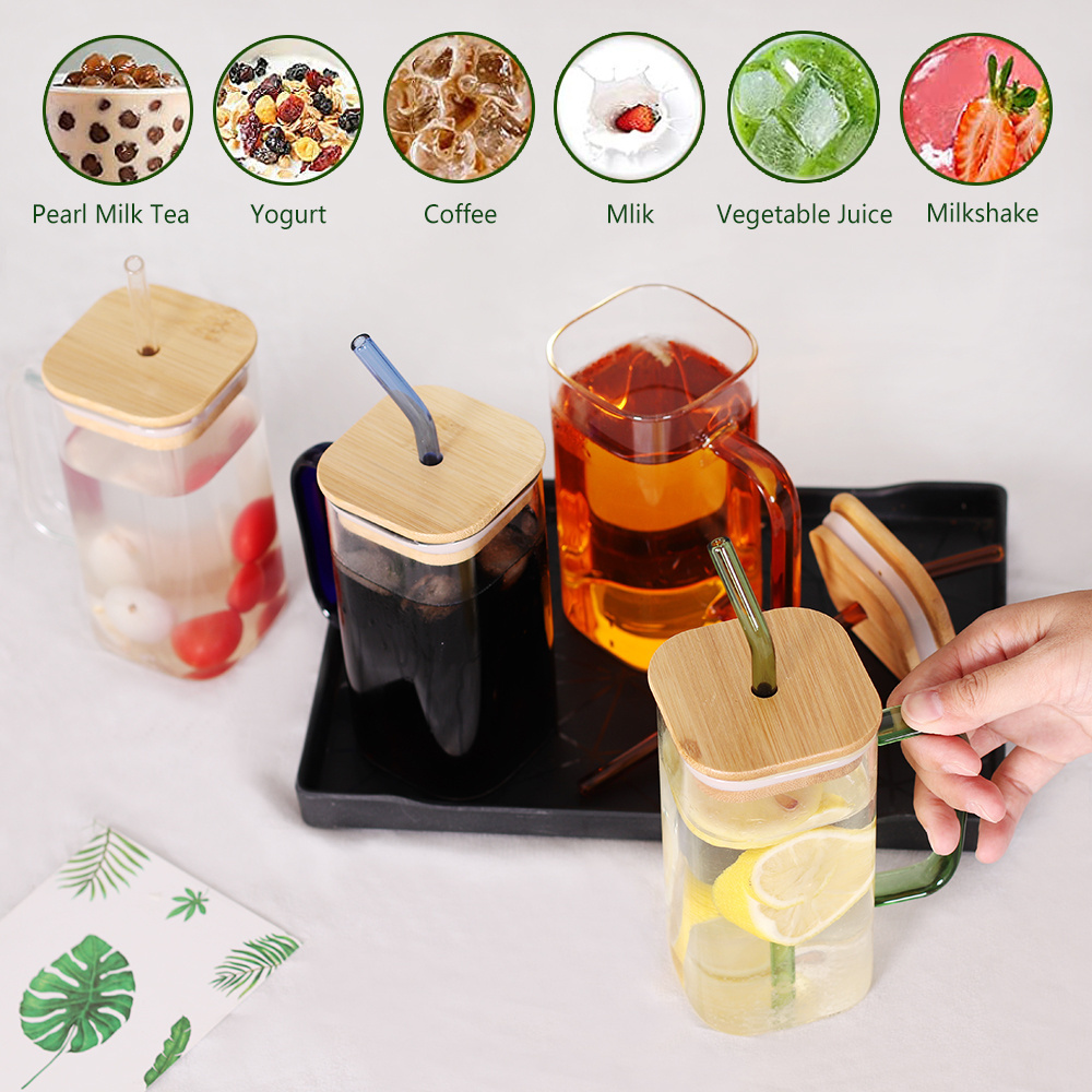 Drinking Glass Cups 17 Oz Colored Square Glass Mugs with Bamboo Lid Straw and Handle for Juice Water Iced Coffee