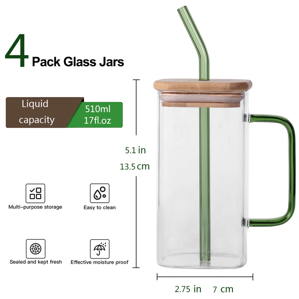 Drinking Glass Cups 17 Oz Colored Square Glass Mugs with Bamboo Lid Straw and Handle for Juice Water Iced Coffee